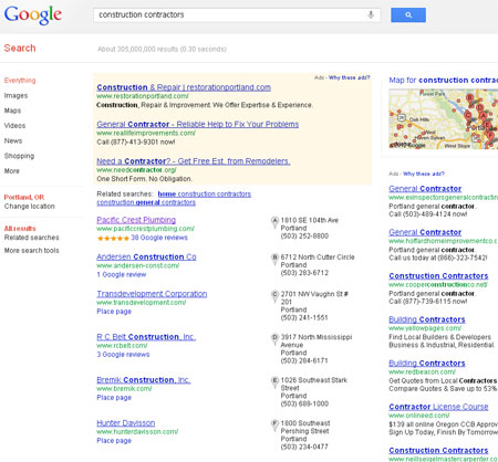 MarketingPortland.com Internet Marketing Article: Sample Search Screen showing the seven top results on the map. MarketingPortland.com Internet Marketing Article: Sample Search Screen showing the seven top results on the map